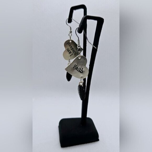 Heart Shape Dangle Earrings. Faith / I am Blessed - Picture 1 of 4